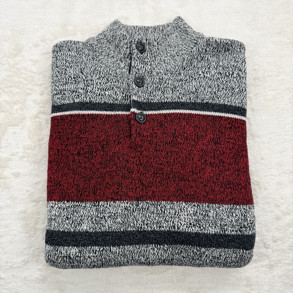Chaps Men’s Sweater Red Gray Stripe Heavyweight Knit 1/4 Button Pullover Size XL